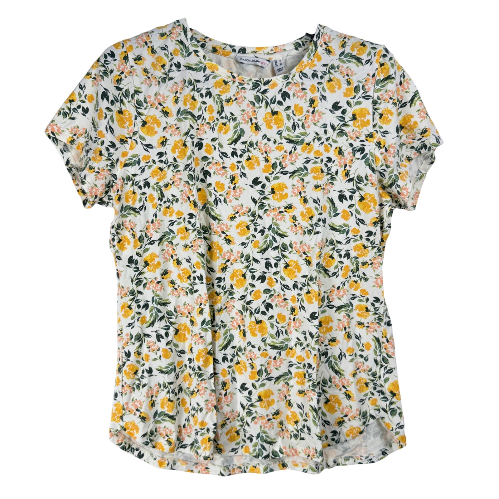 Isaac Mizrahi Live T-Shirt Womens Large Yellow Floral Short Sleeve Cottagecore